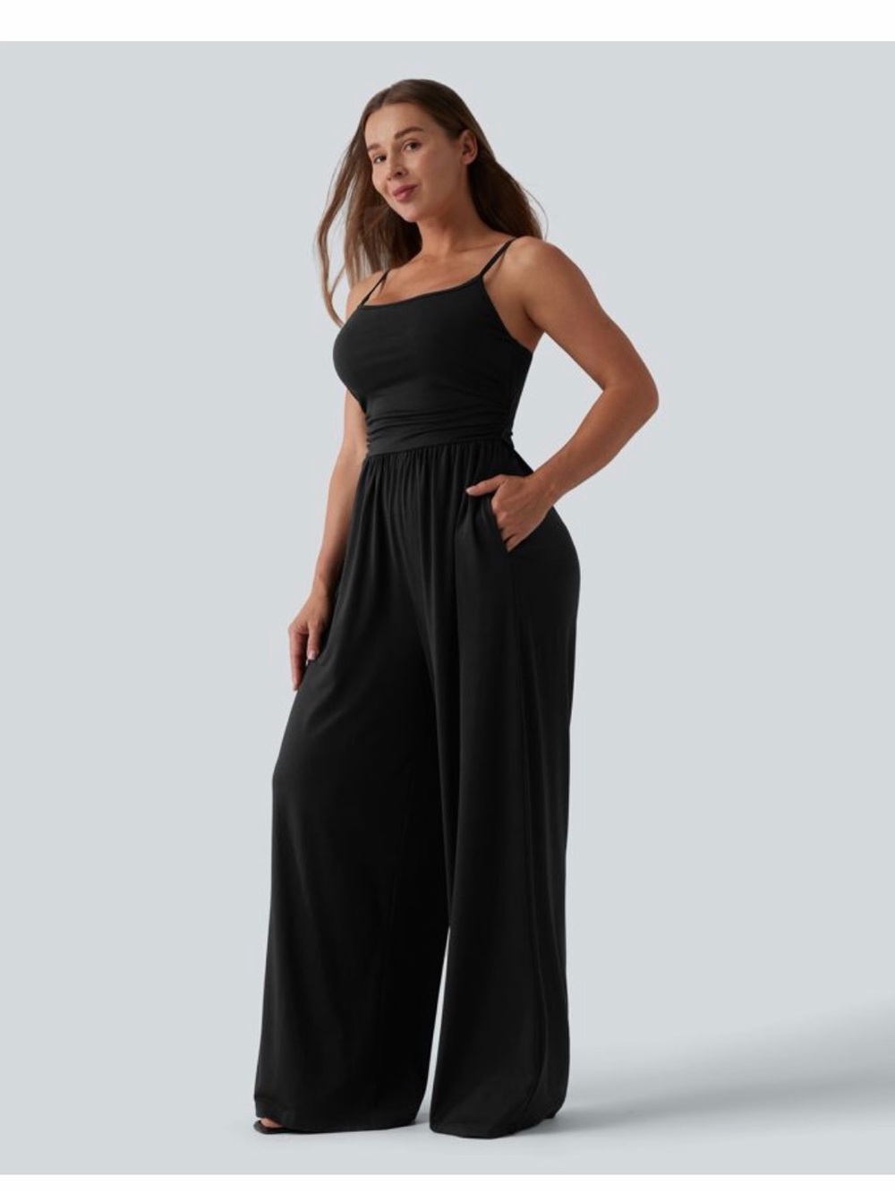 HALARA Black Wide-Leg Spaghetti-Strap Jumpsuit